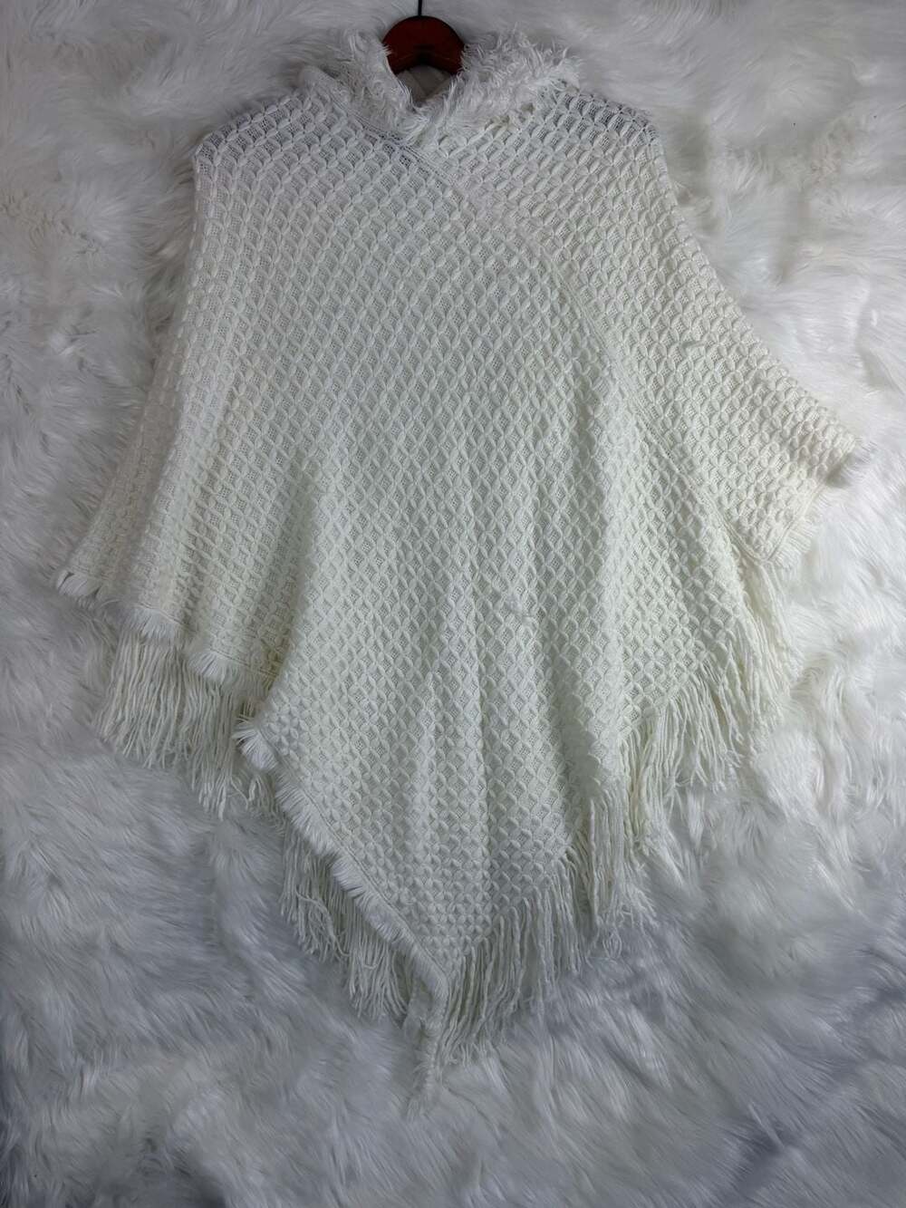 Charlotte Daniel Hooded Knit Poncho White Fringe Tassel Sweater